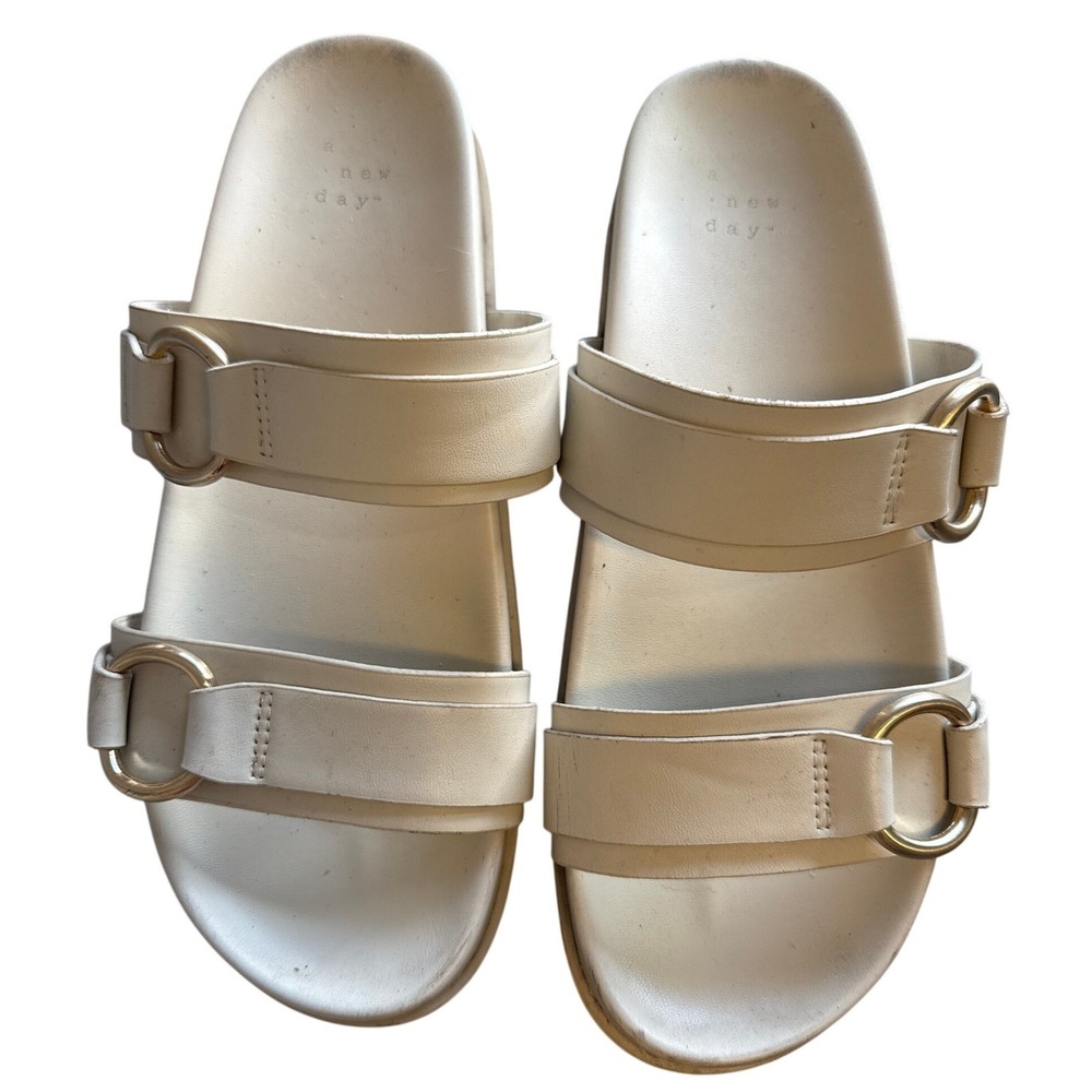 A New Day Womens Double Strap Slide Sandals Cream Gold Ring Buckle Size 8.5